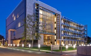 UCSD Biomedical Research Facility Exterior Lit Up at Dusk