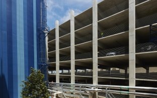 UCSD Athena Parking Structure exterior and Thermal Energy Storage Tank