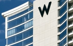 View of the W logo on the side of the building