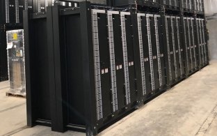 Interior view of the battery storage facility; a photo of the equipment inside the facility. 