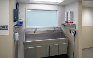 View of a surgical scrub-in sink. 
