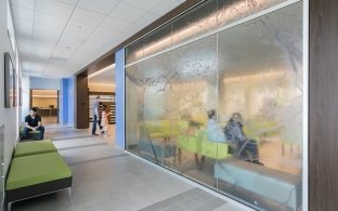 A hallway with a bench seat