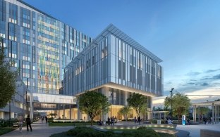 Exterior rendering of the hospital tower from the courtyard.