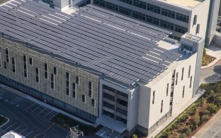 Aerial view of the solar panels on top the building