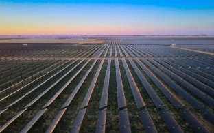 Aerial image showing the rows of solar panels