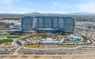 Aerial view of the new resort with its pools in the foreground