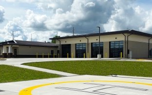 Exterior view of the EMS building and helipad