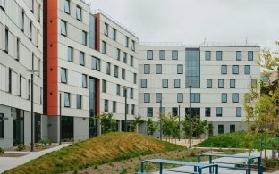 Exterior view of an SFSU student housing building.