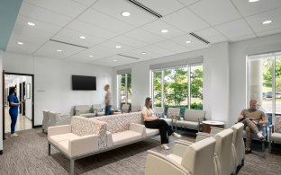 Chairs and couches in the waiting room area