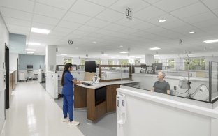 A modern healthcare infusion clinic featuring neutral tones and natural wood elements. A nurse is seen smiling, assisting a patient.