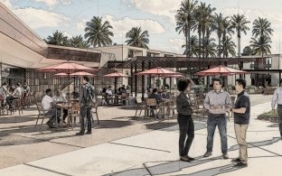 A sketch of a group of people chatting and sitting outside