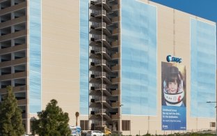 The exterior of the parking garage