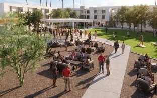 Rendering of a courtyard area with people sitting and walking