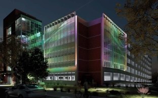 Rendering of a parking garage at nighttime