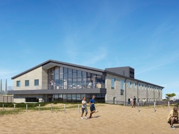 Exterior rendering of the back of the new research facility with sand in the forefront. 