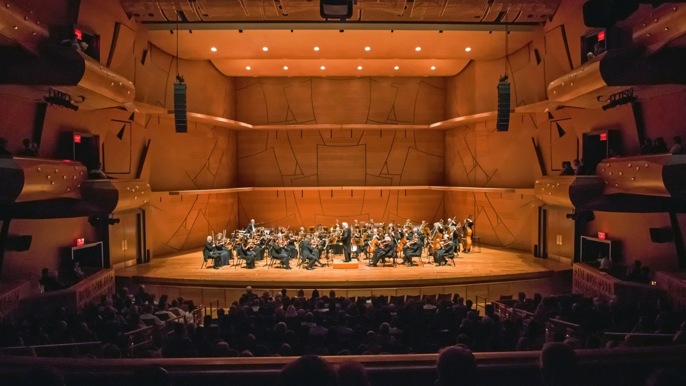 Chapman University Musco Center for the Arts Stage with Orchestra, Conductor and Audience Watching