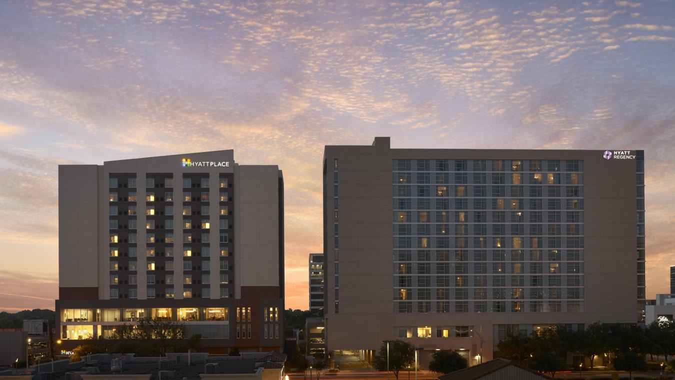 A view of Hyatt Place and the Hyatt Regency in Houston, TX.