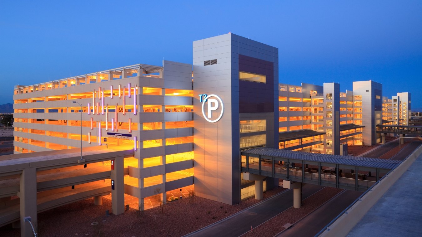 Exterior view of the parking garage at night.