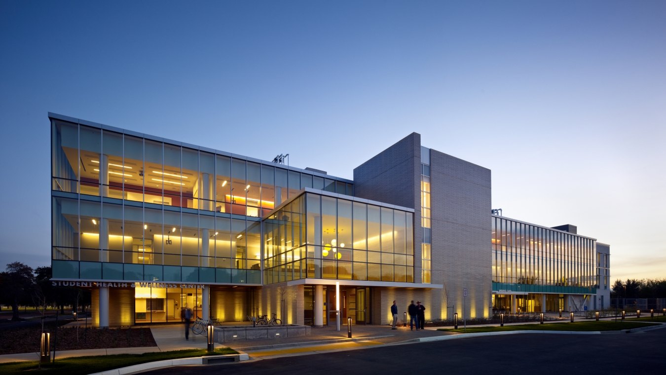 UC Davis Student Health & Wellness Center Exterior at Dusk