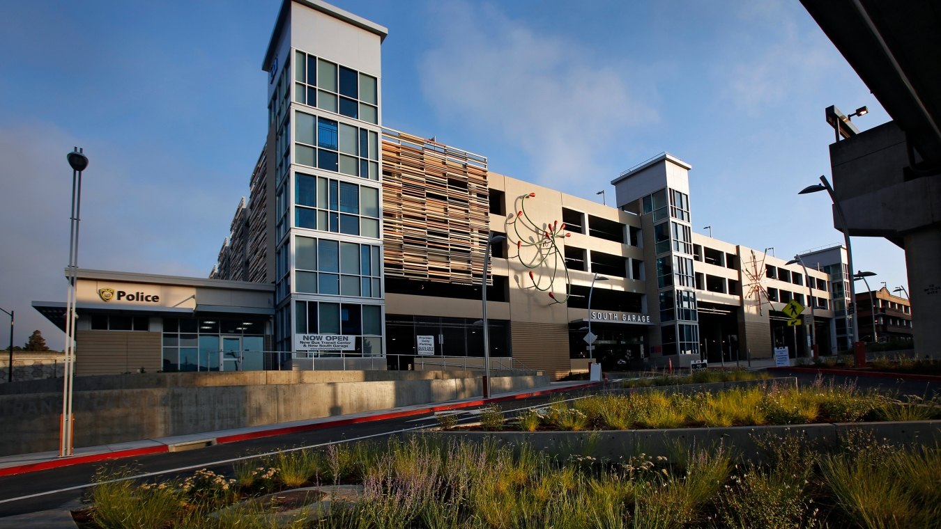 Exterior view of the parking garage. 