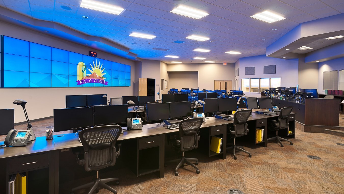 Chairs and computers at dozens of workstations in the emergency facility.