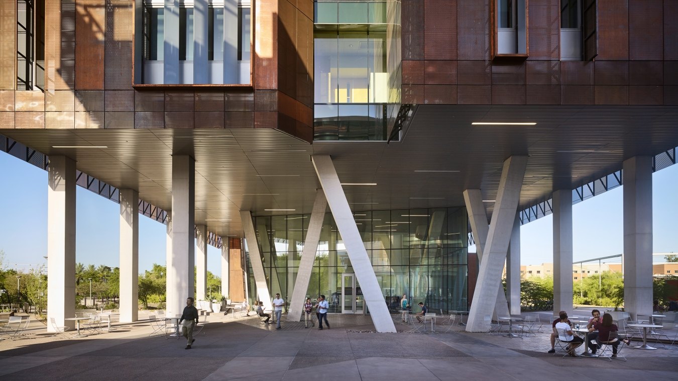 The front entrance of the futuristic Biodesign Institute at ASU.
