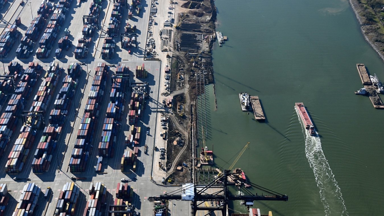 Aerial view of the container terminal with a waterway on the righthand side