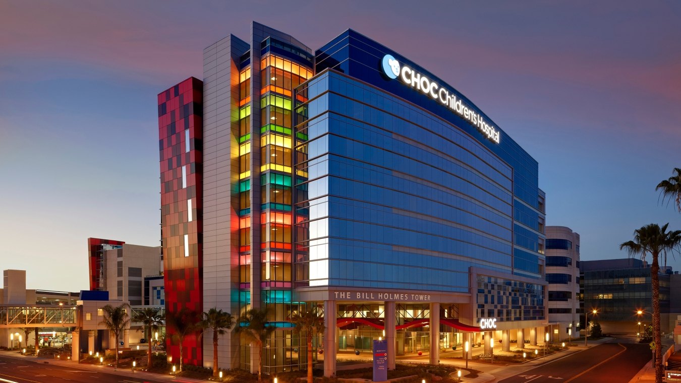 Exterior view of the children's hospital with colorful glass