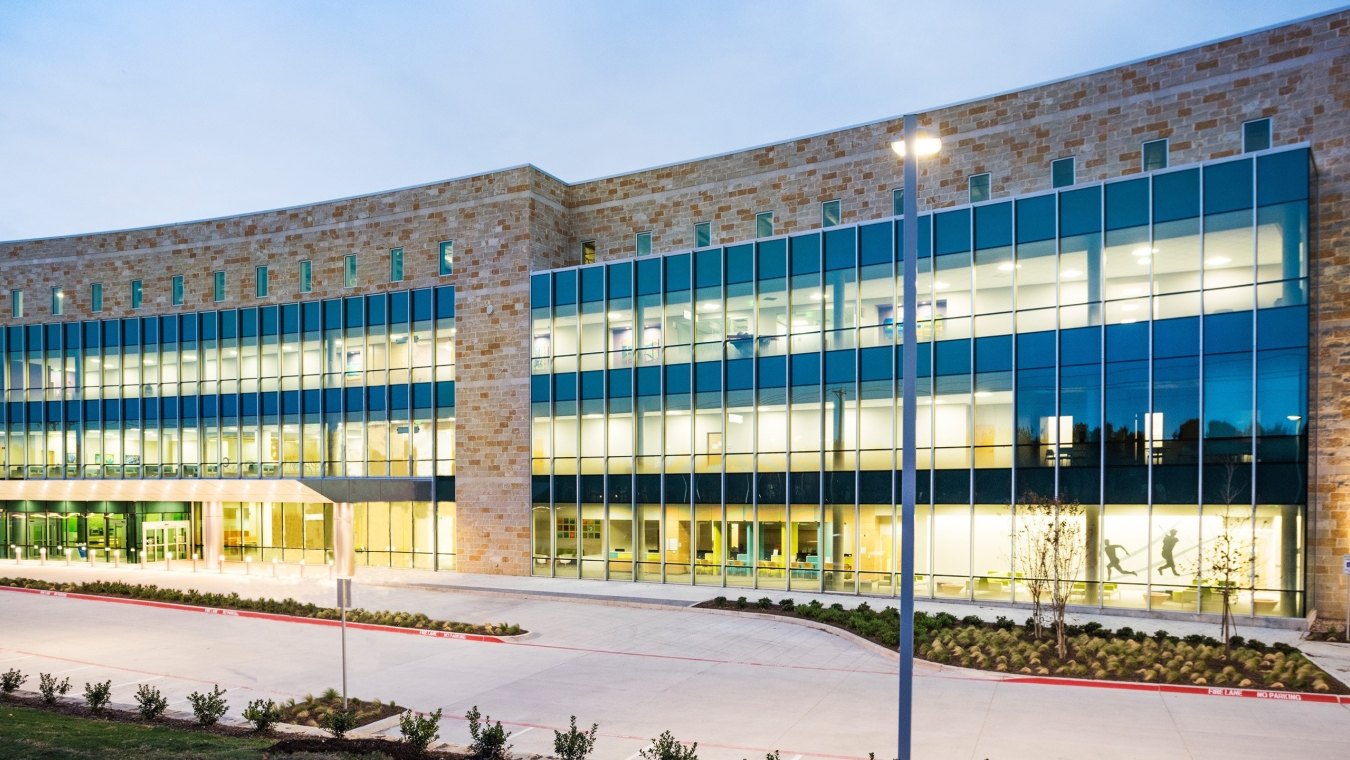 Exterior view of the specialty center with large glass windows