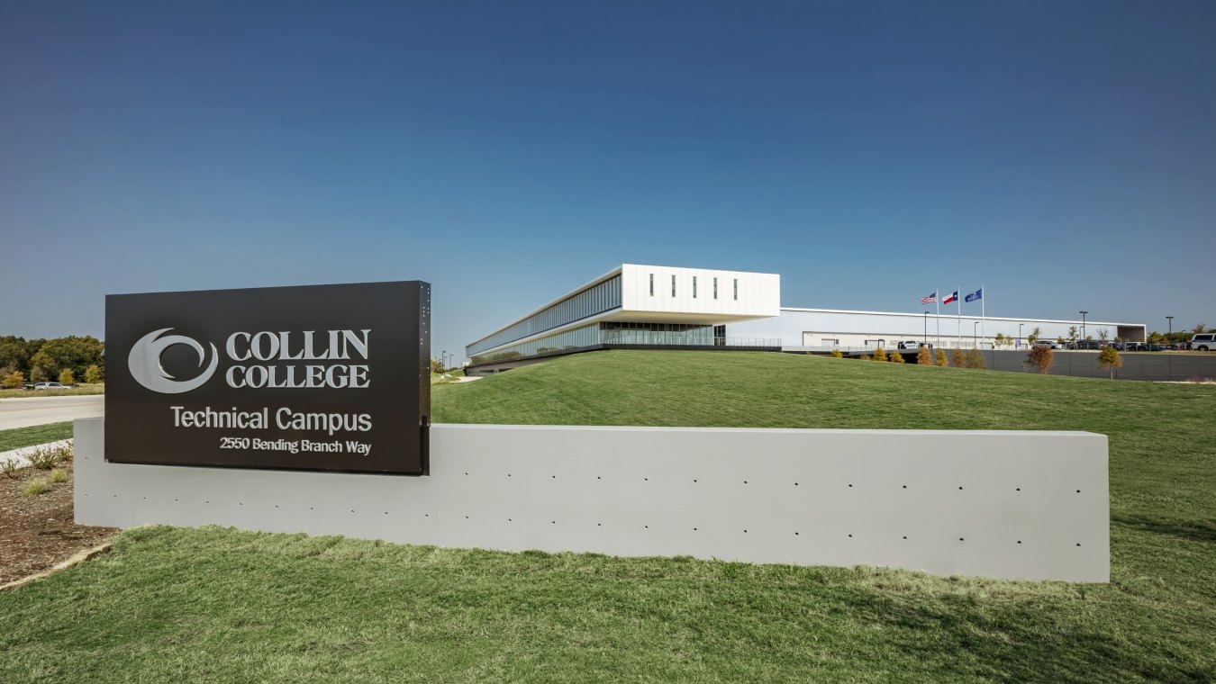 View with the building in the background and "Collin College" sign in the foreground