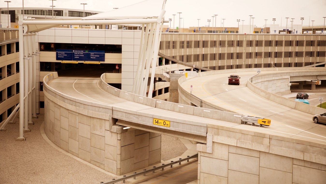 Exterior view of the parking garage with two roadways in front