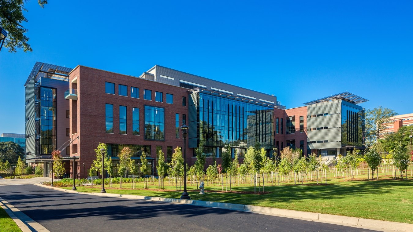 Exterior view of the building with trees in front