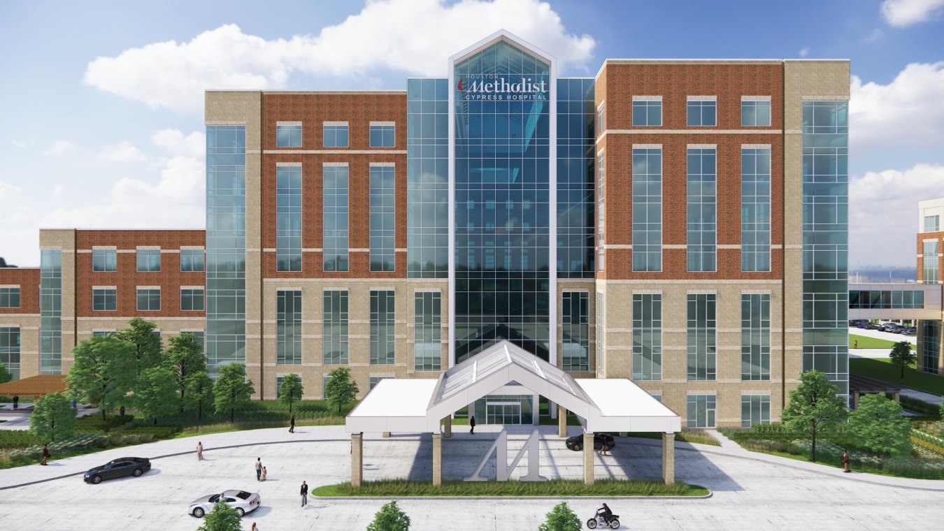 Exterior rendering of the front of the hospital building