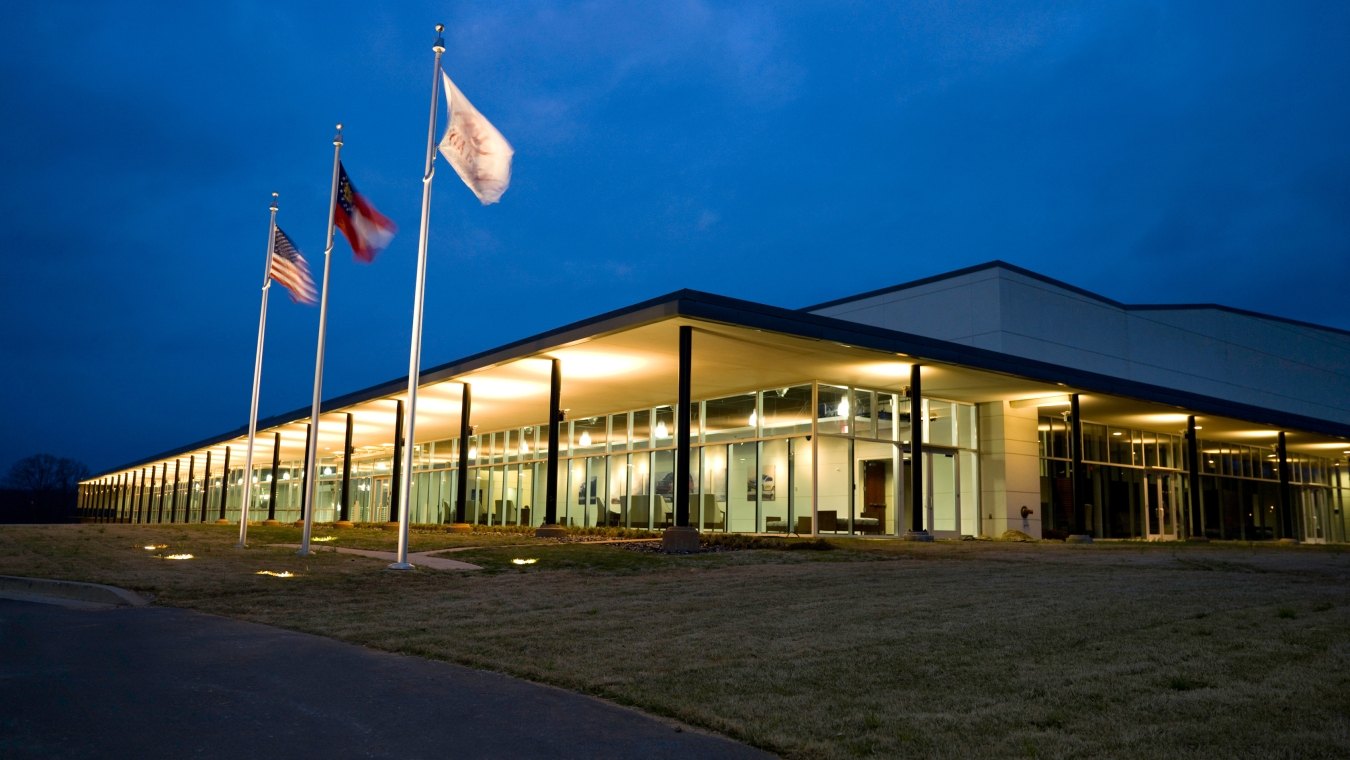 Exterior view of the building at nighttime