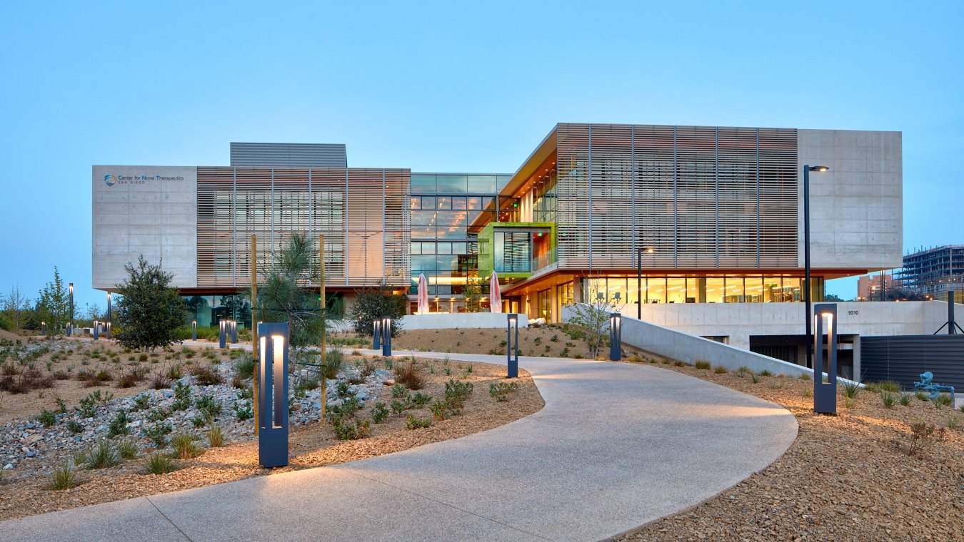 UCSD Center for Novel Therapeutics building walkway and landscape leading to the building