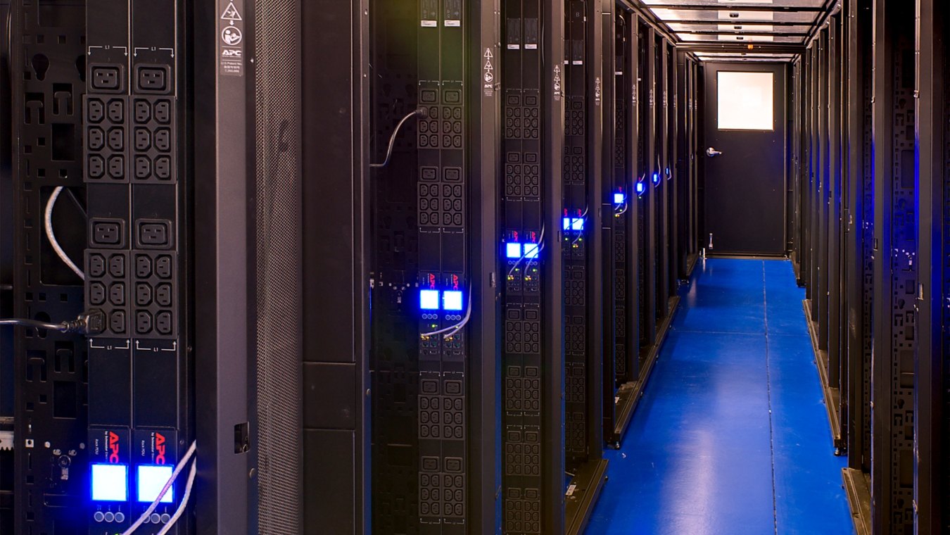 Indoor image of rows of data towers