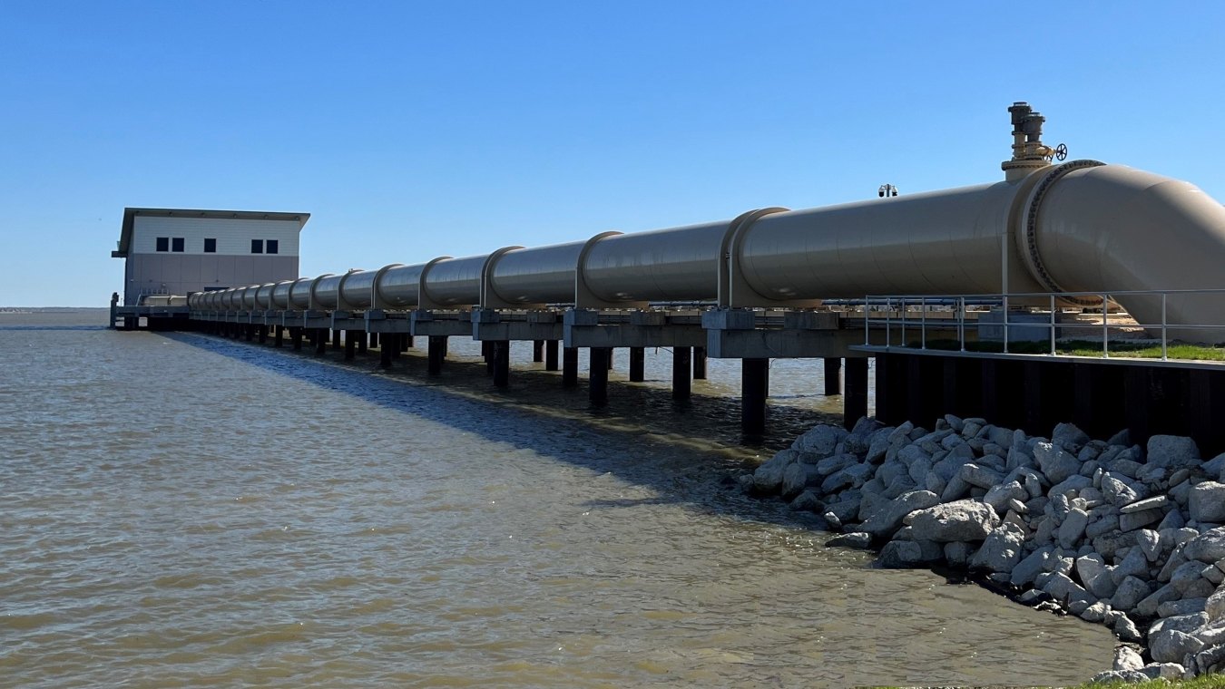 View of the intake pump station from land looking out toward the water