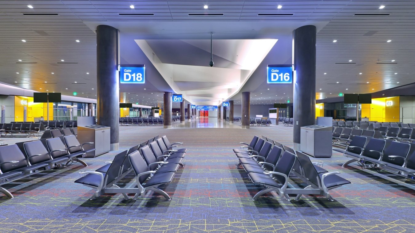 View of seating area inside the airport terminal