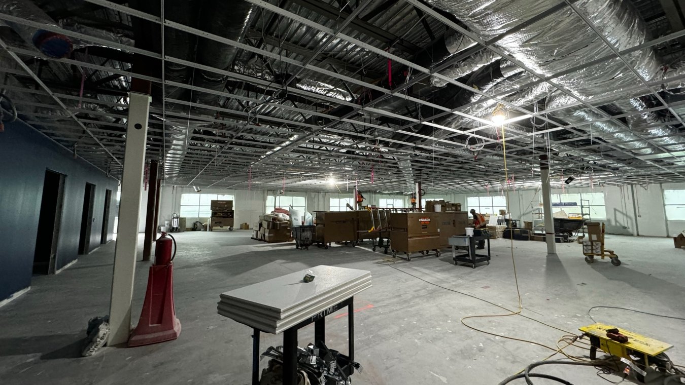 An interior view of a space under construction