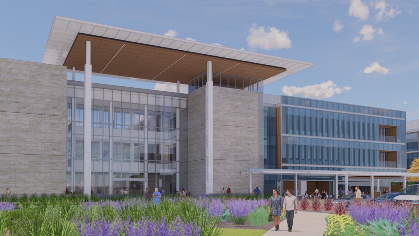 Exterior rendering of the main entryway to the hospital