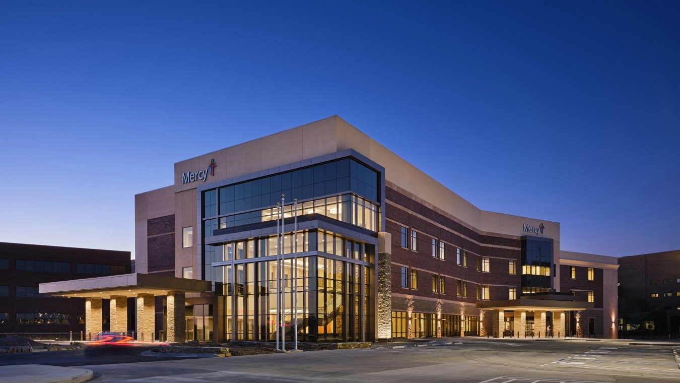 Exterior view of the hospital at nighttime