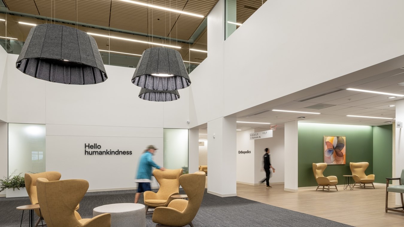 A lobby area inside the healthcare facility