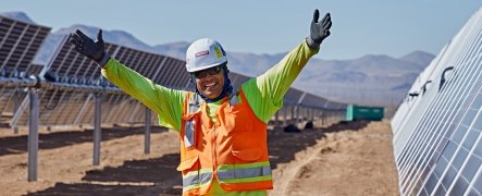 employee on solar field with hands in the air