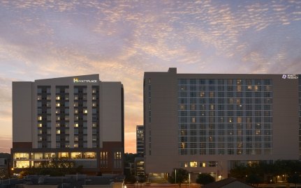 A view of Hyatt Place and the Hyatt Regency in Houston, TX.