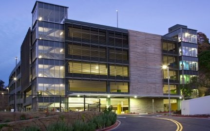 Exterior view of the parking garage. 