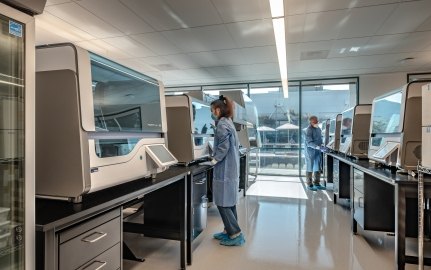 A lab area with a person wearing a mask and working in the lab. 