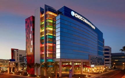 Exterior view of the children's hospital with colorful glass