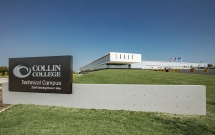 View with the building in the background and "Collin College" sign in the foreground