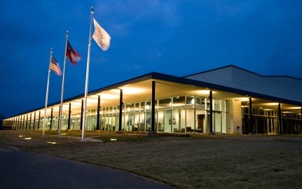 Exterior view of the building at nighttime