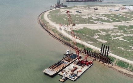 View of the levee stabilization wall during construction